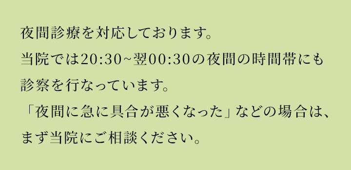 夜間診療を対応しております。当院では20:30~翌00:30の夜間の時間帯にも診察を行なっています。「夜間に急に具合が悪くなった」などの場合は、まず当院にご相談ください。
